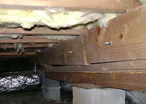 A sagging crawl space with concrete supports and wooden shimming a Bedford crawl space