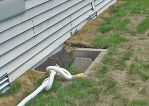 The ugly, old concrete window well of a Rye crawl space